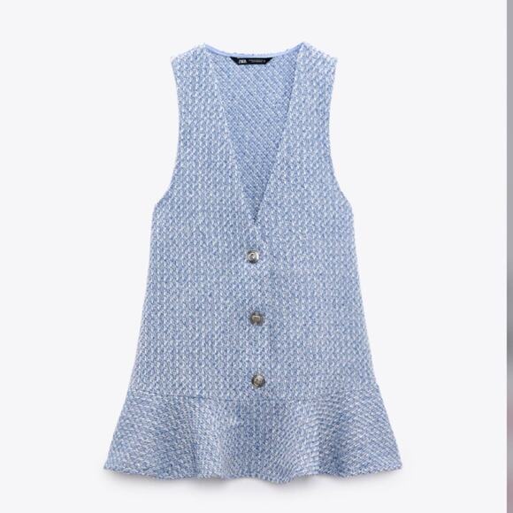 Zara Blue and White TEXTURED RUFFLED PINAFORE DRESS Size Extra Small XS - Picture 12 of 16